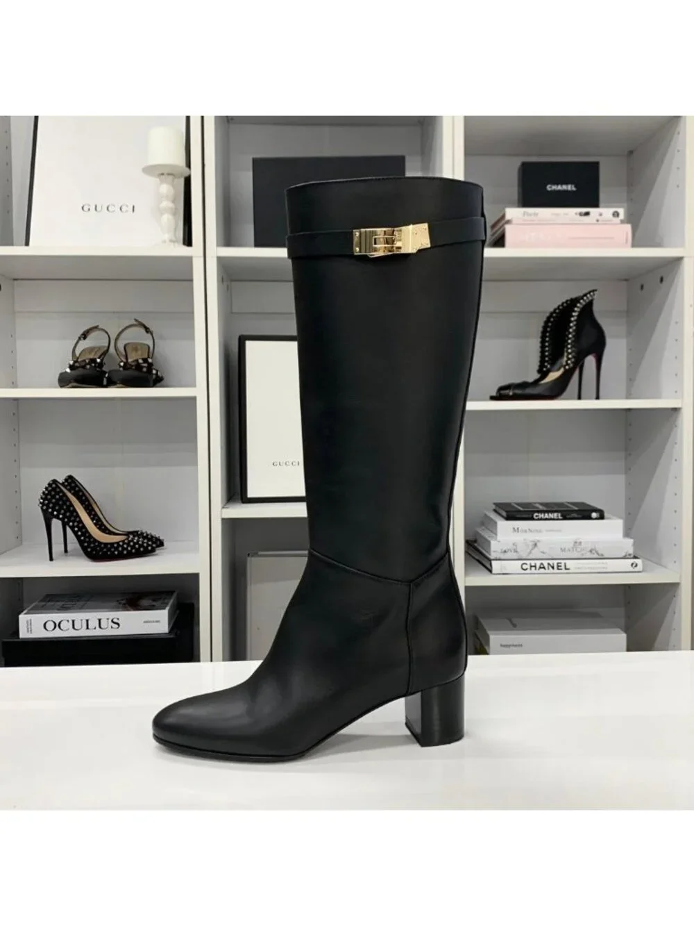Hermes Story 50 Kelly Leather Long Boots Black